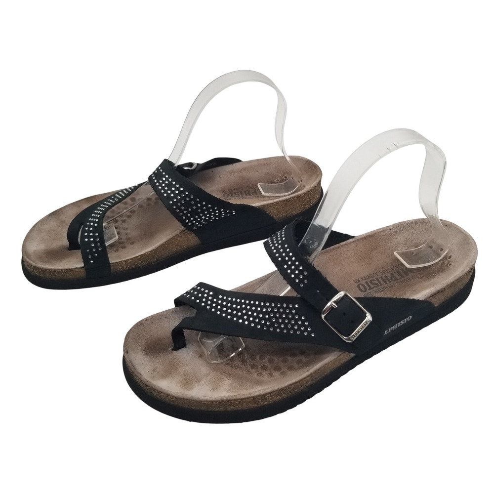 Mephisto Sandals Women Size 42 11 Black Leather Rhinestone Toe Loop Buckle Slide
